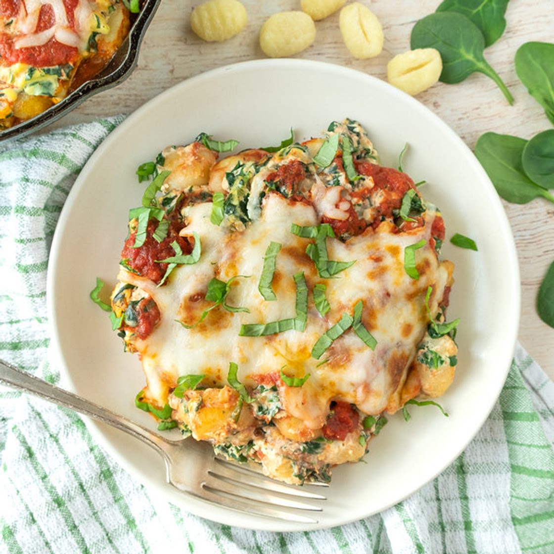 Cheesy Lasagne-Style Gnocchi Bake with Spinach & Fresh Basil