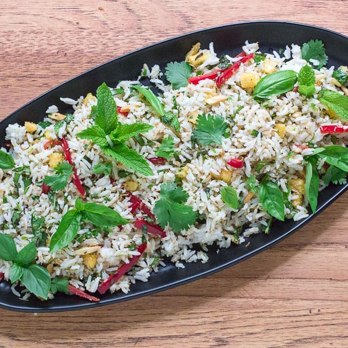 Low FODMAP Coconut Rice Salad with Pineapple & Cilantro