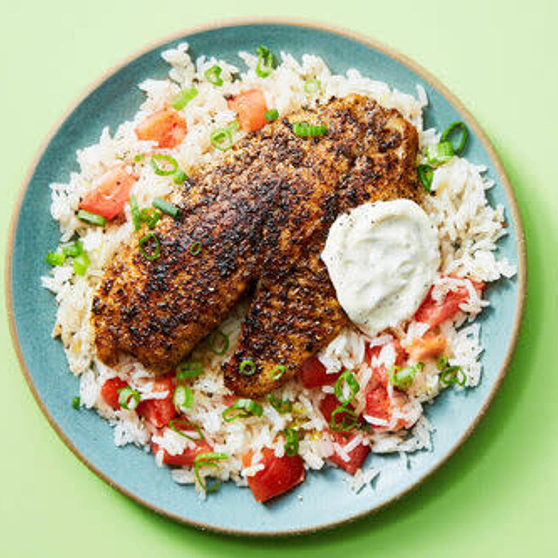 Blackened Tilapia with Tomato Rice & Garlic Aioli