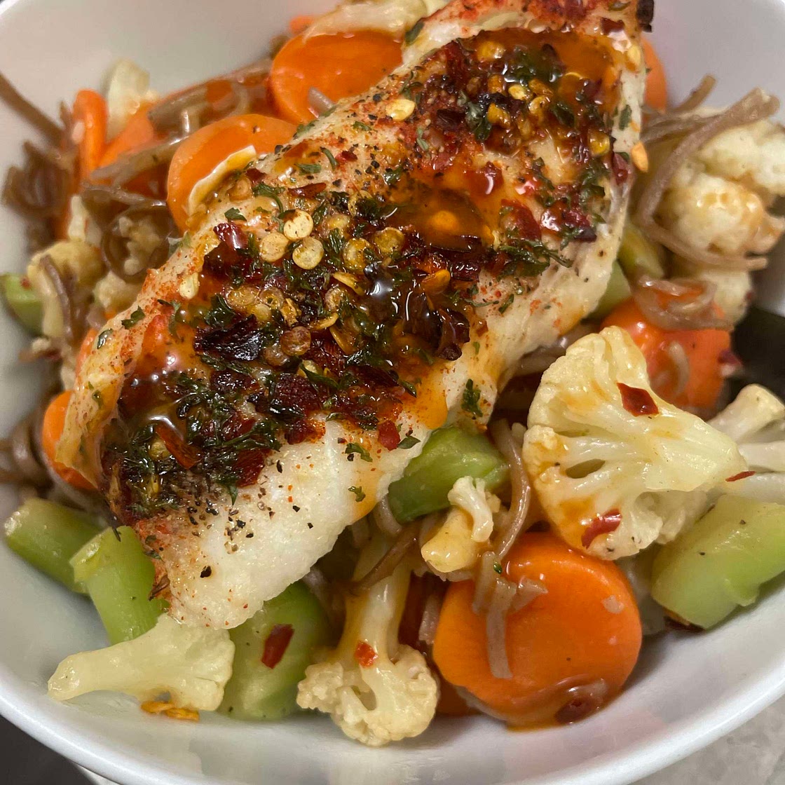Spicy Fish stir fry Soba Noodles 