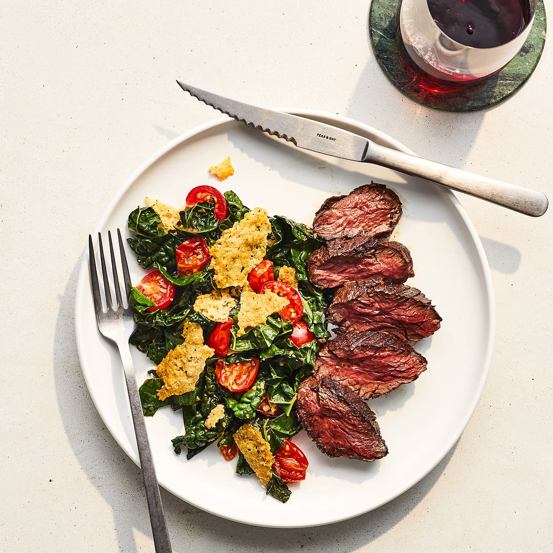 Hanger Steak With Warm Kale and Crispy Cheese Salad