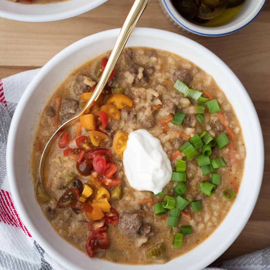 One-Pot Cheeseburger Soup with Rice
