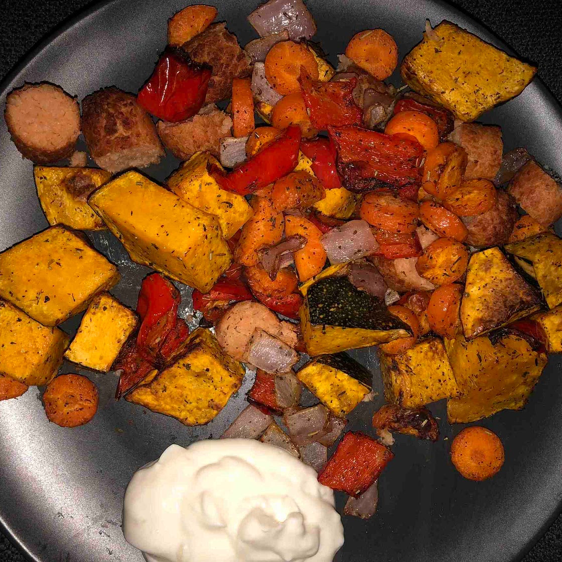 Vegetarian sausages and roast veg 