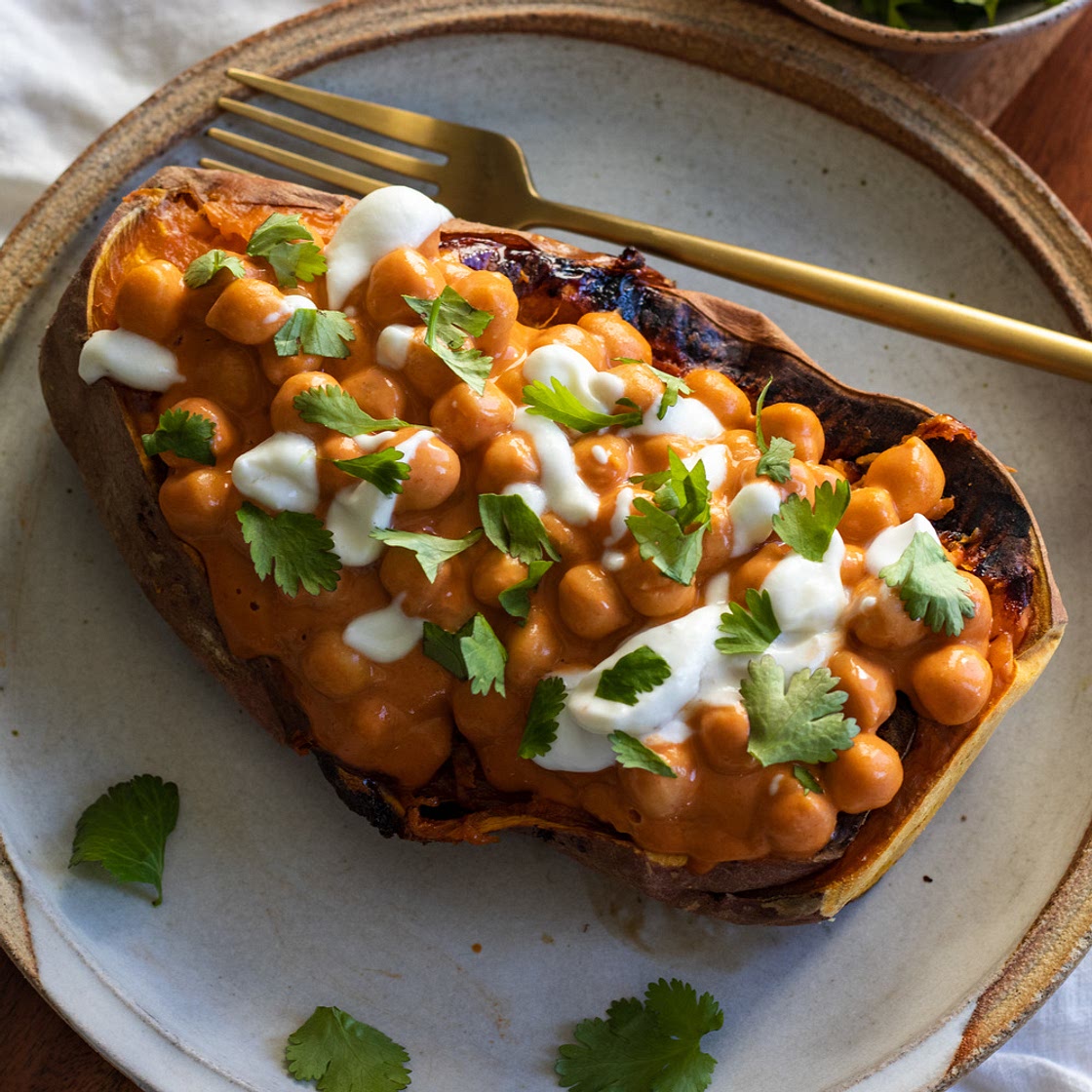 Vegan Buffalo Chickpea Stuffed Sweet Potato