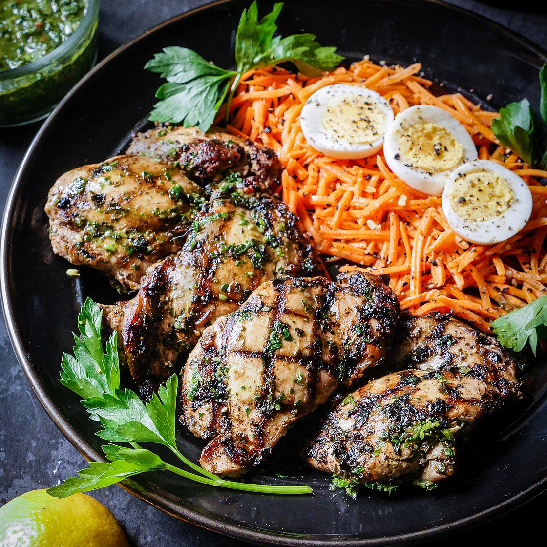Nona’s Argentine Chicken Chimichurri (Pollo con Chimichurri) and Silvia’s Argentine Carrot & Hard Boiled Egg Salad (Zanahorias y Huevos)
