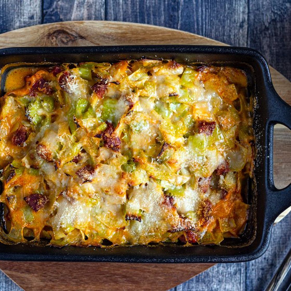 Gratin de cabillaud aux poireaux et chorizo - Amandine Cooking