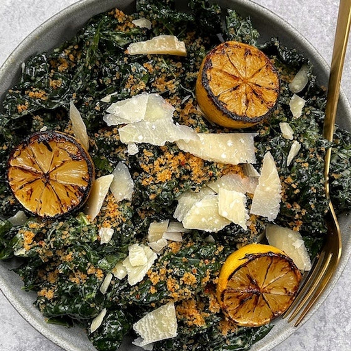 Roasted Garlic Kale Caesar with Spicy Breadcrumbs and Charred Lemon
