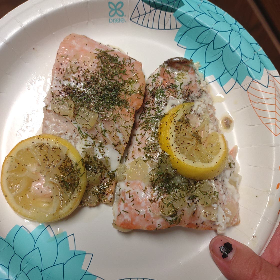 buttered salmon with red onion, capers and dill