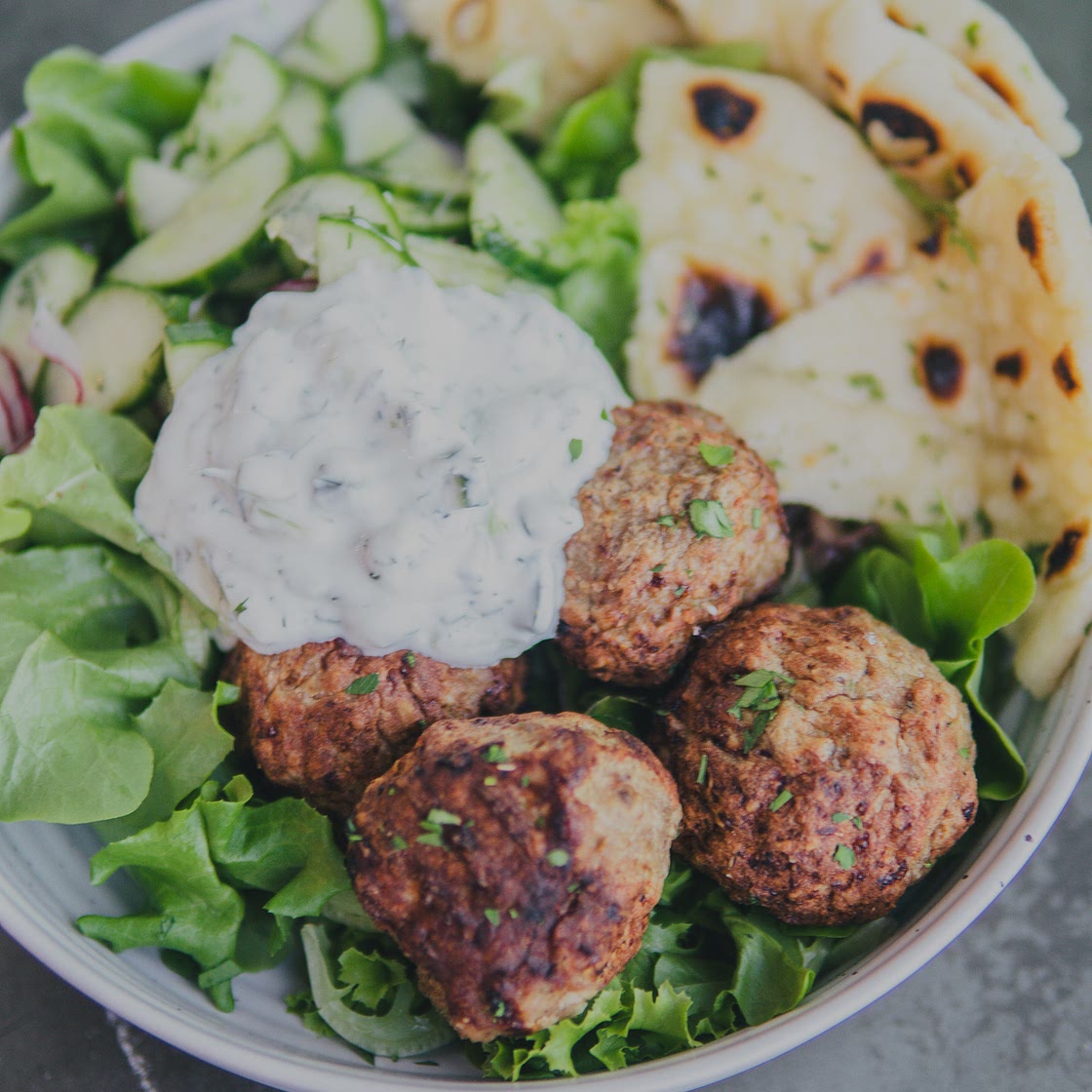 AirCrisp Greek Meatballs w/ Cucumber Salad