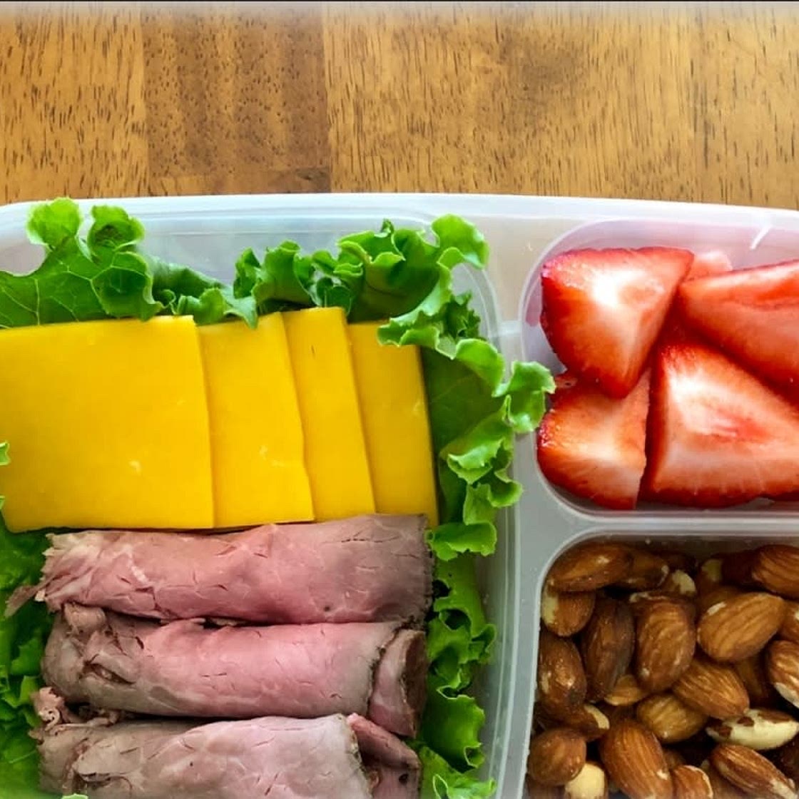 Roast Beef, Cheese, Almonds and Strawberries