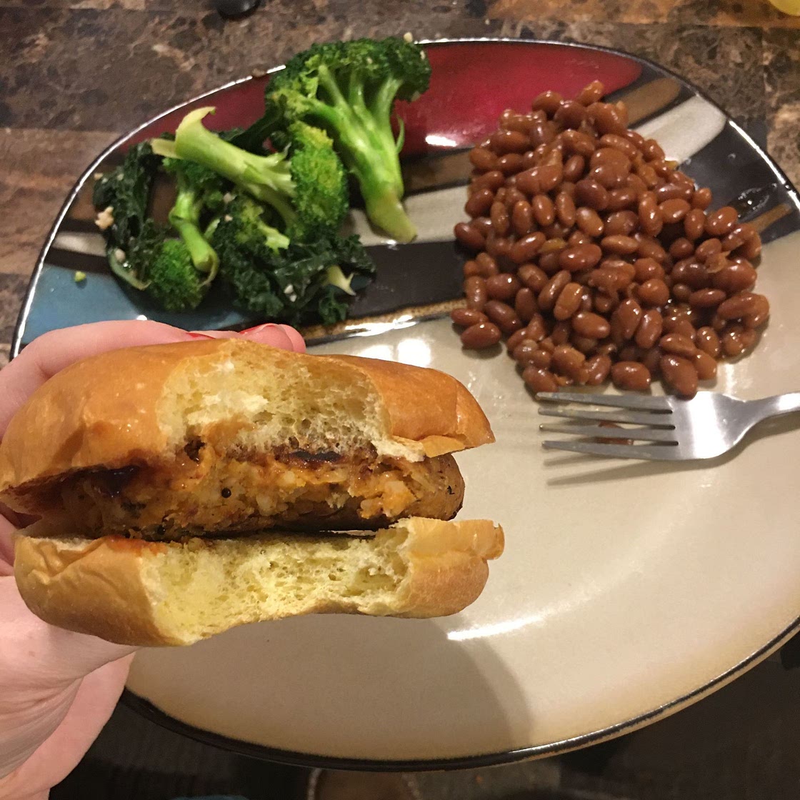 BBQ Chickpea Burger with Creamy Broccoli Slaw and Yam Fries