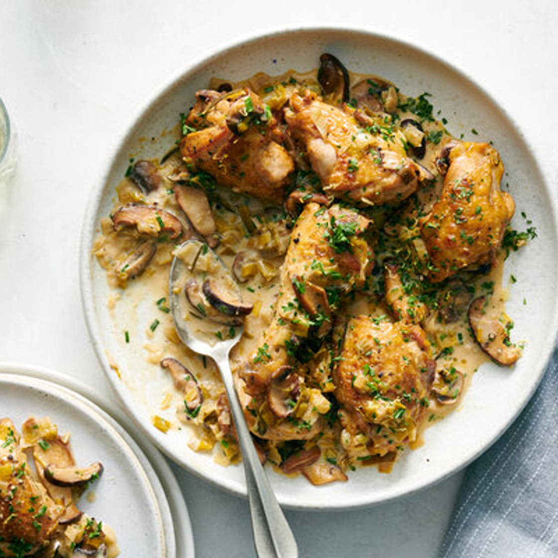 Wine-Braised Chicken With Mushrooms and Leeks