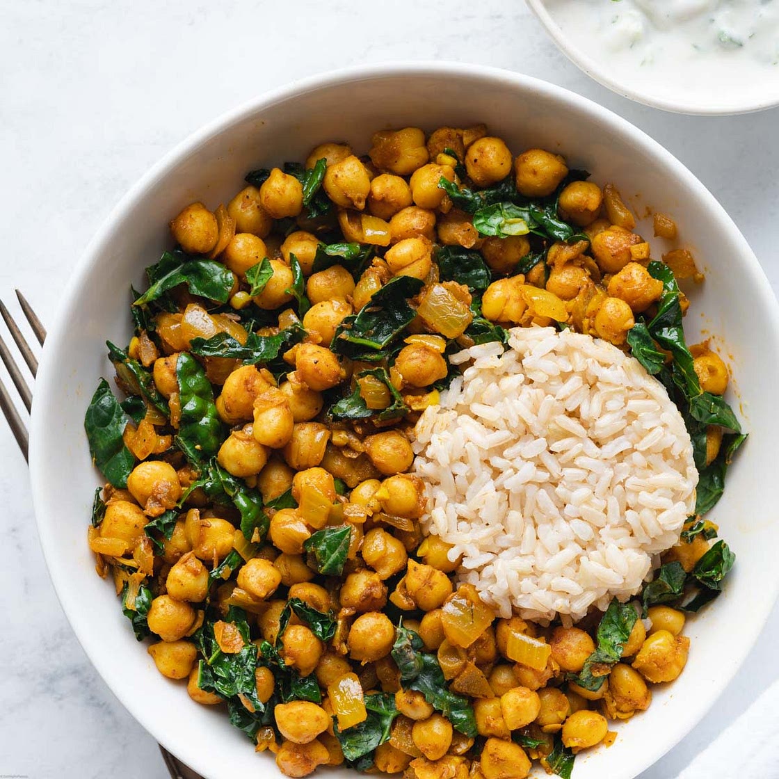 Indian-Spiced Skillet Chickpeas & Kale with Raita