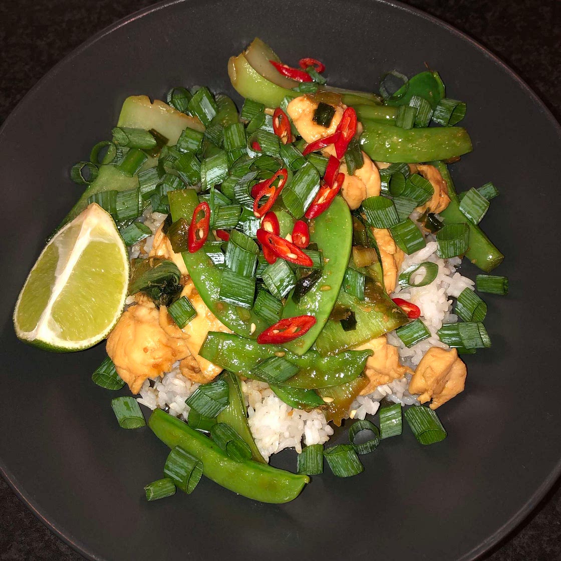 Asian greens and chicken stir fry 