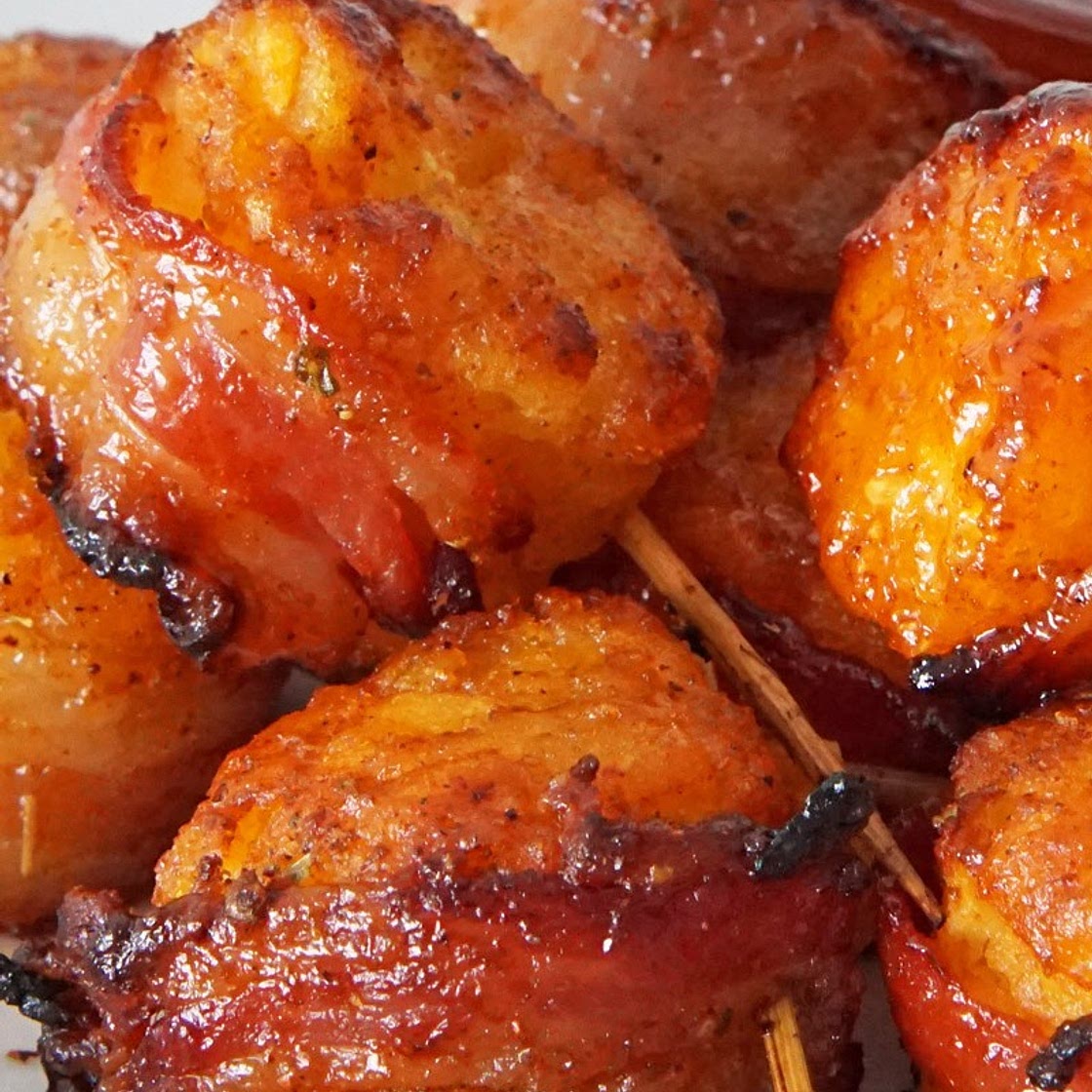 Bacon-Wrapped Tater Tots With Sriracha Honey Glaze