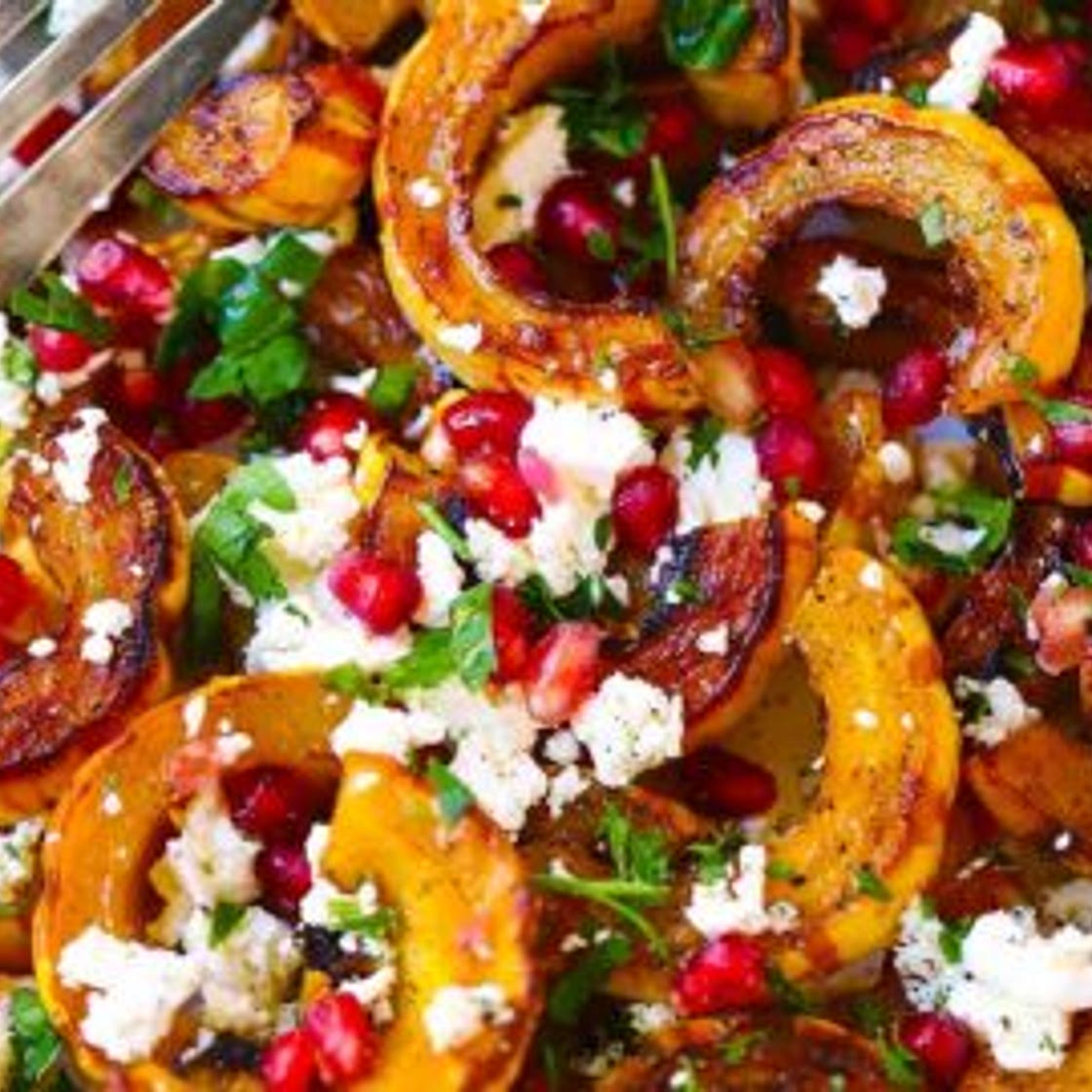 Maple Roasted Delicata Squash with Feta and Herbs