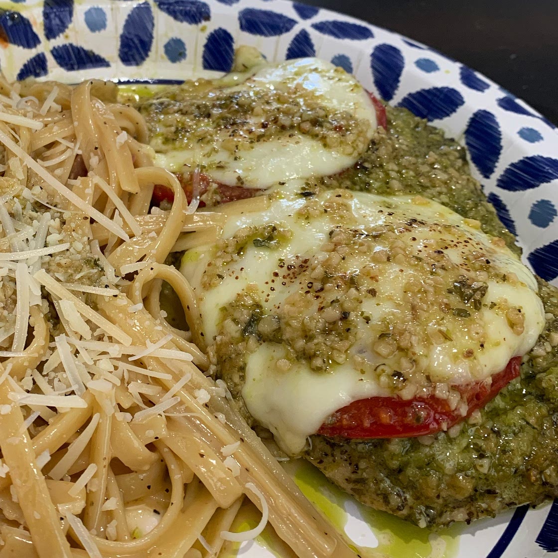 Basil Pesto Tomato Mozzarella Chicken Bake