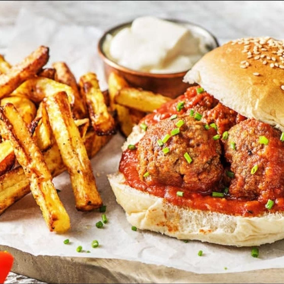 Barbecue Meatball Sandwiches with Homemade Fries and a Fresh Cucumber Salad