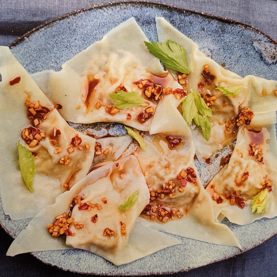 Celery and Peanut Wontons with chilli soy sauce