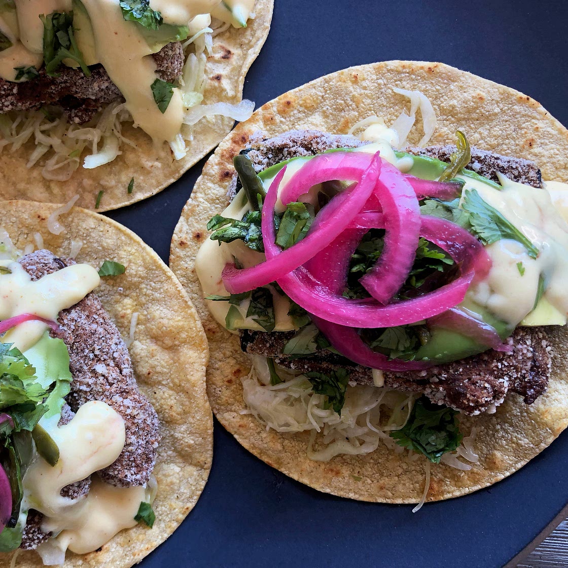Spicy Zucchini Fry Tacos w/ Mango Crema