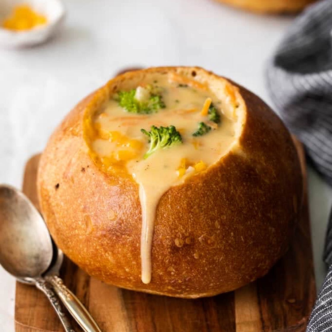 Cheddar broccoli soup in bread bowl