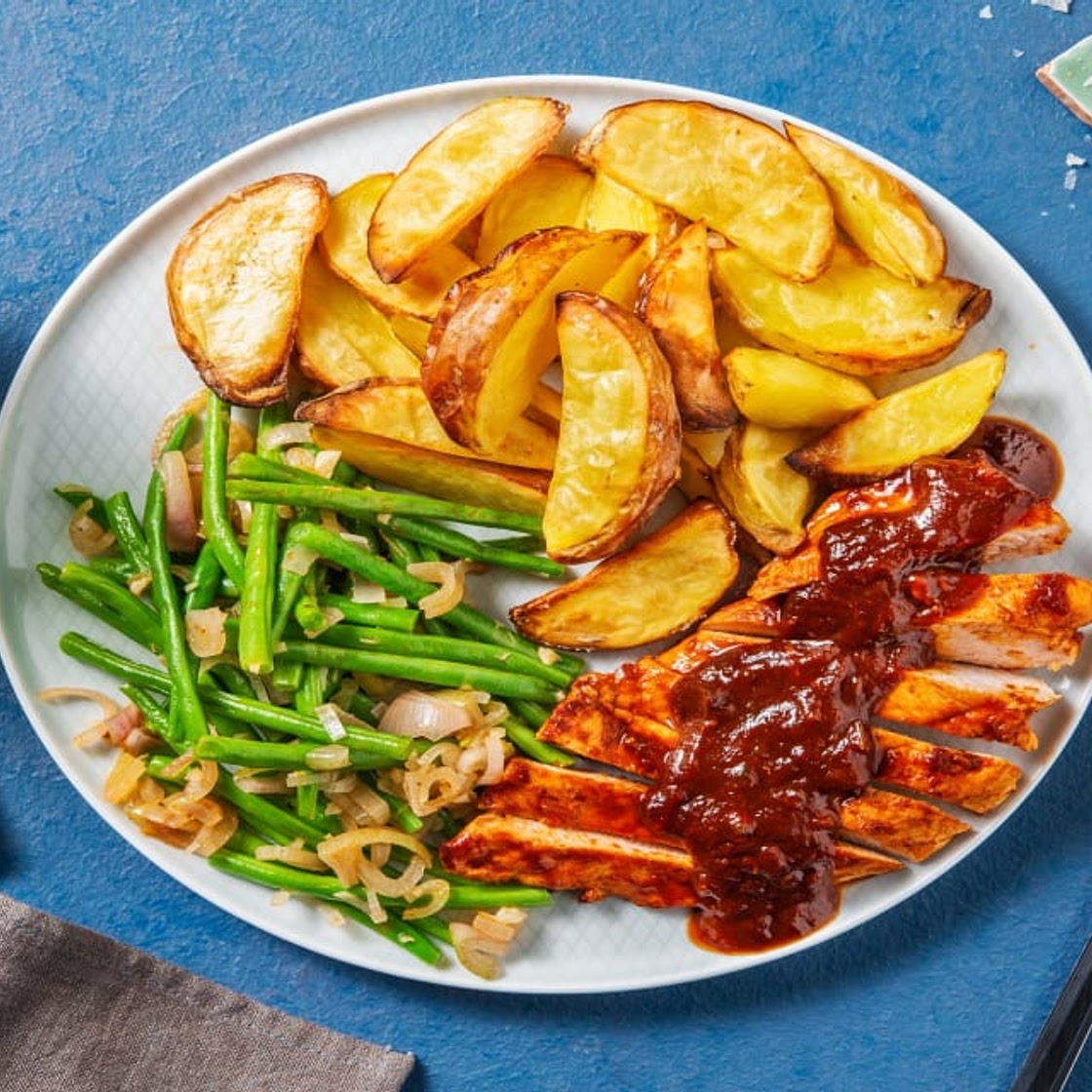 BBQ Glazed Chicken with Wedges and Garlicky Beans