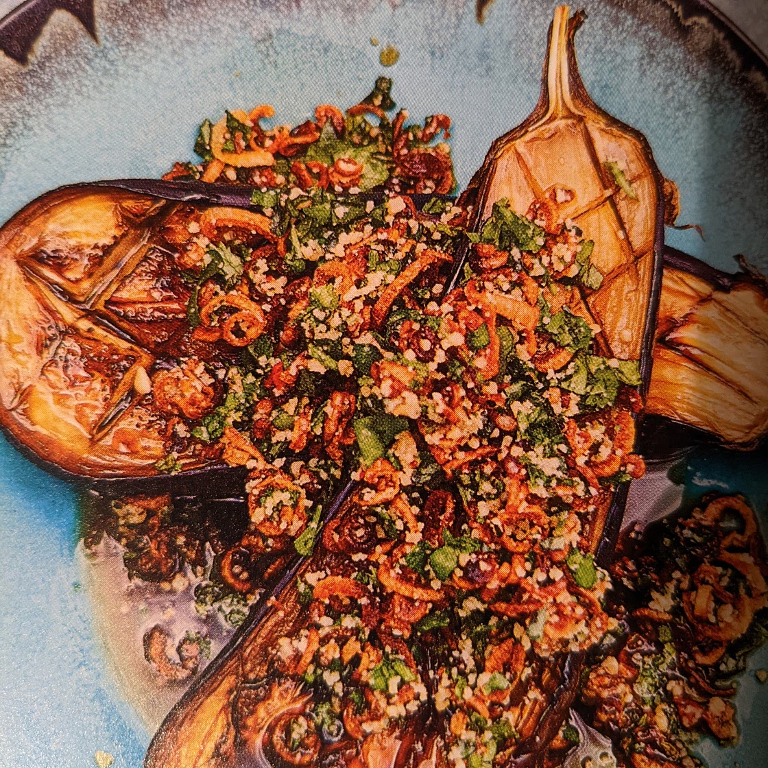 Aubergine Larb with sticky rice and shallot and peanut salad