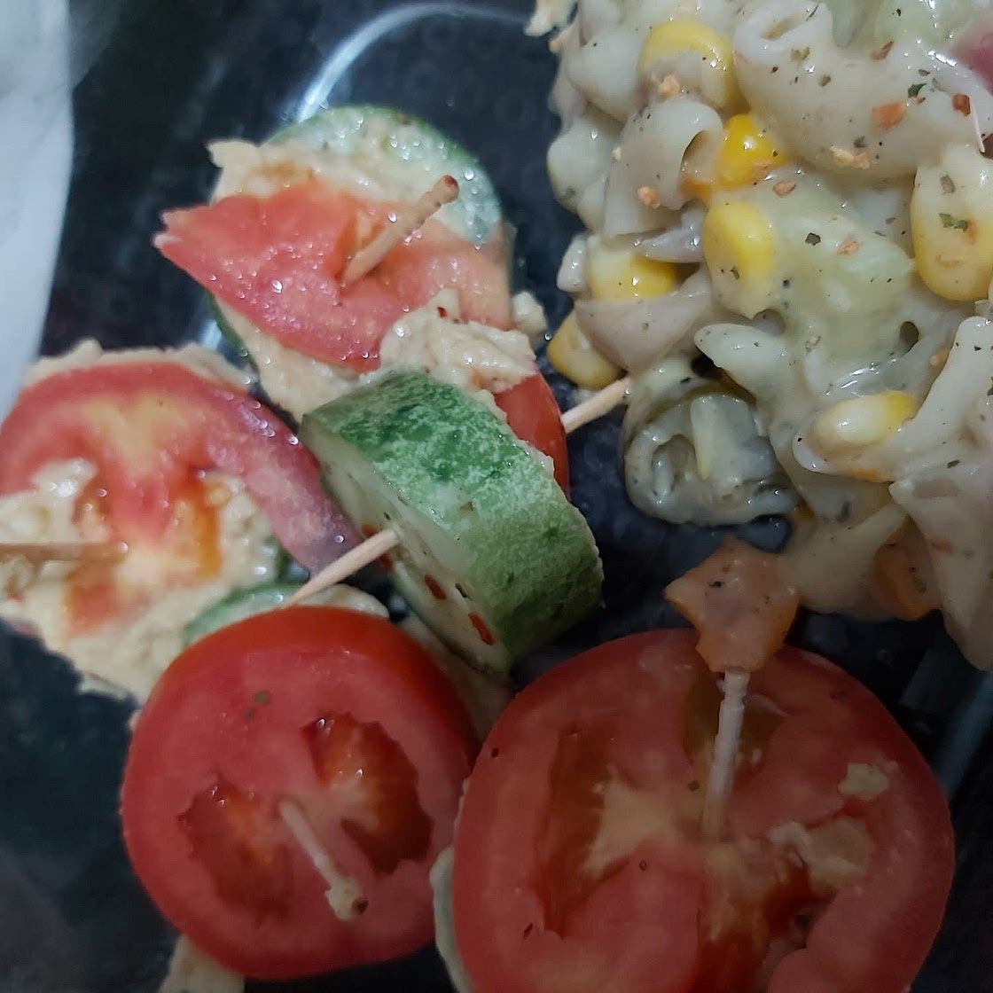 Spicy Veggie Skewers with Hummus