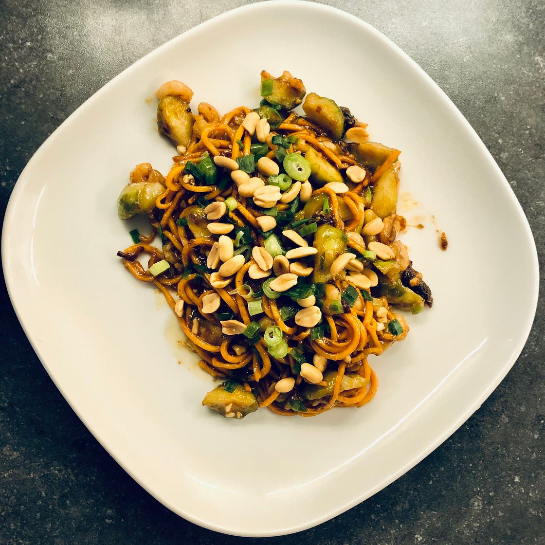 Sweet Potato Noodles with Shrimp and Thai Almond Sauce