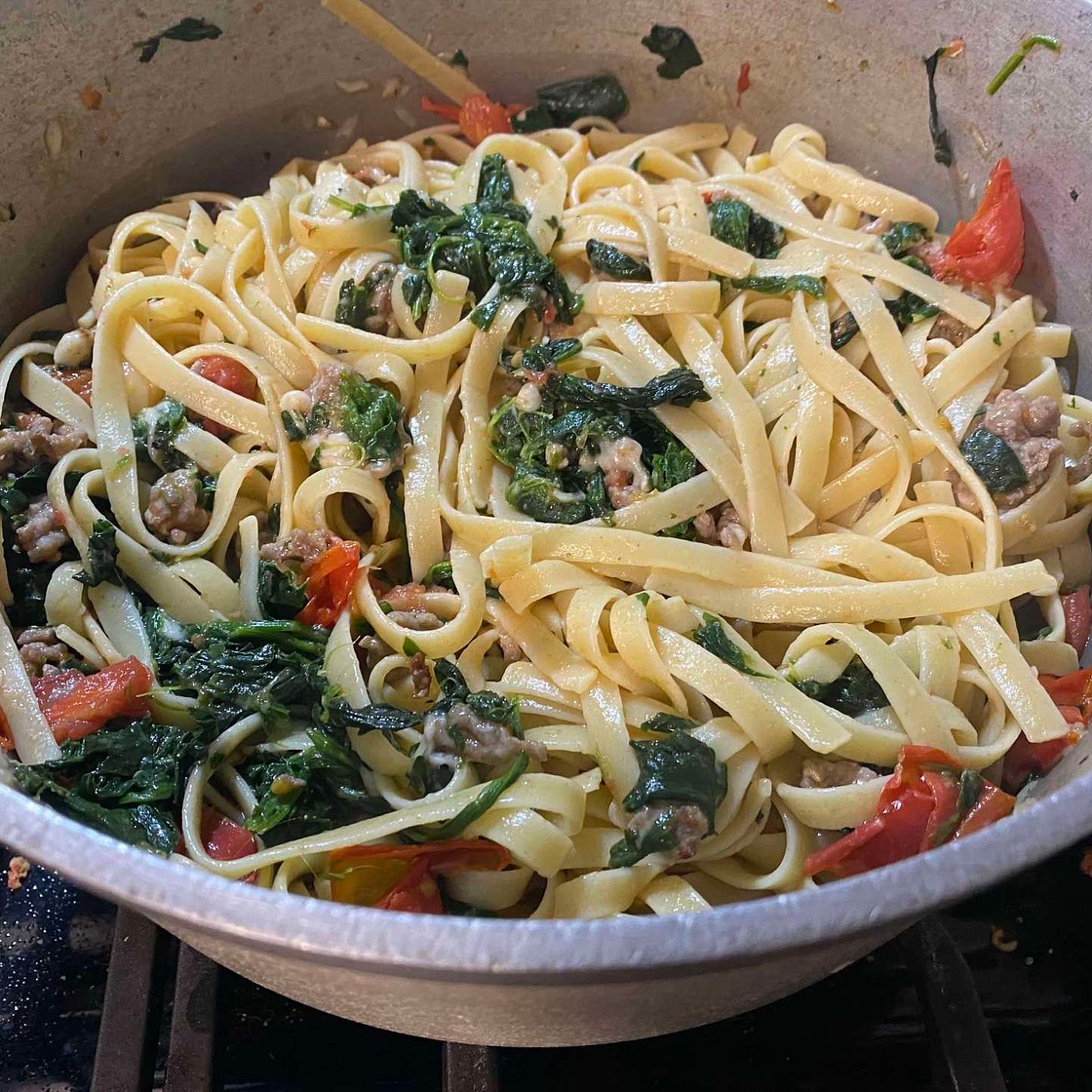 Sausage, Tomato, and Spinach Fettuccine