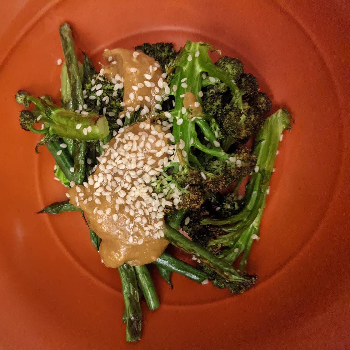 Roast Green Beans and Tenderstem with sesame sauce