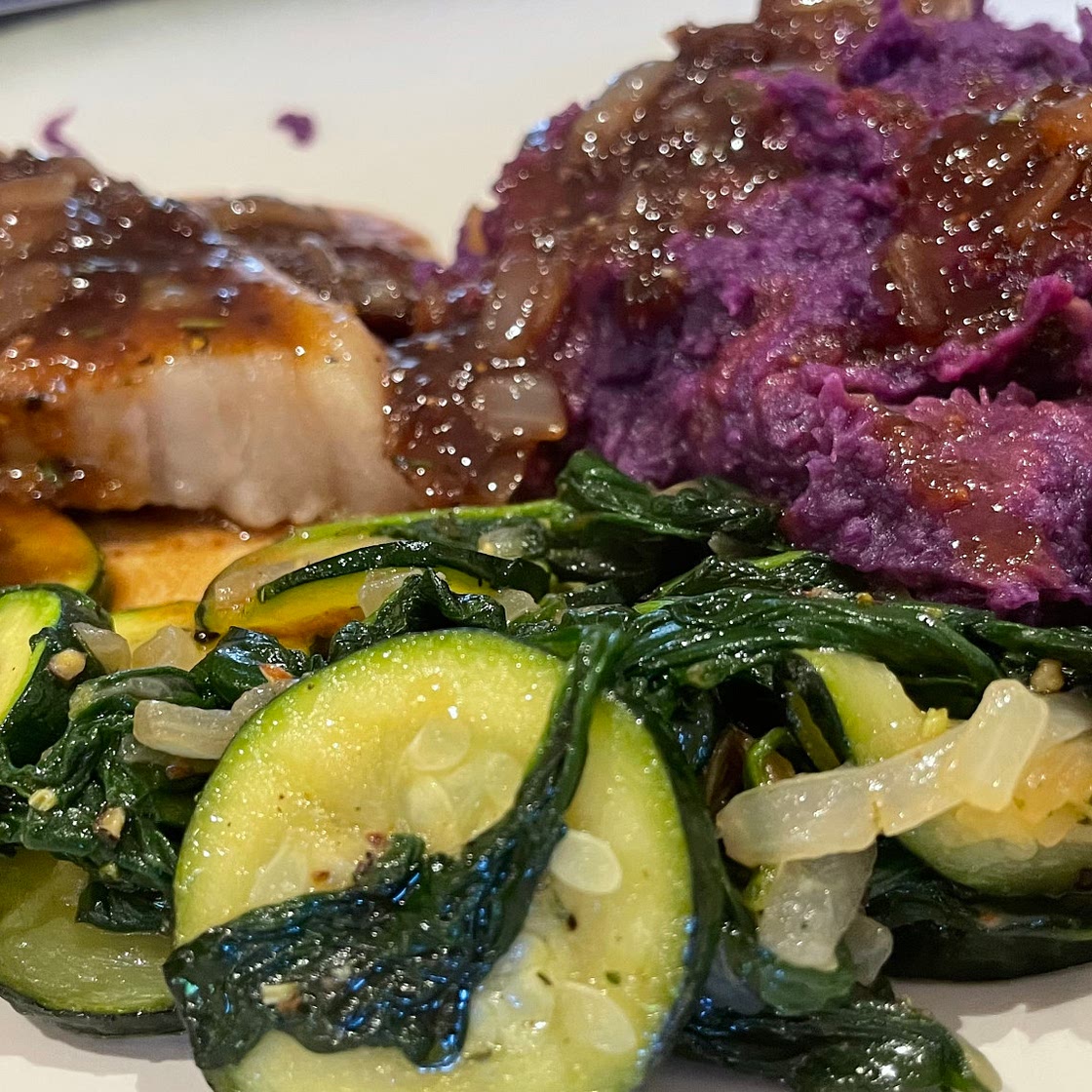 Pork Chops with Fig Sauce, Zucchini, Purple Sweet Potato Mash
