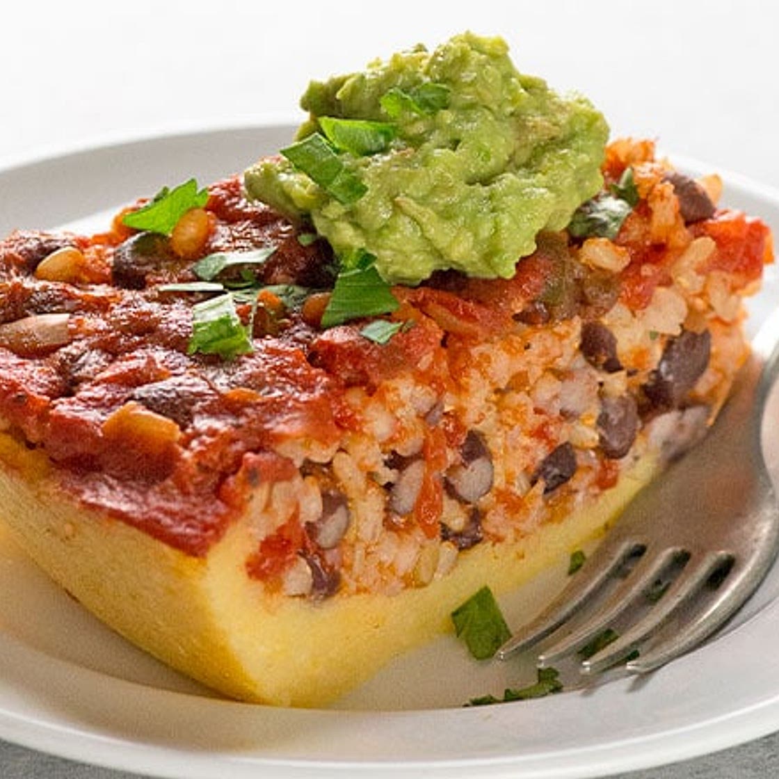 Polenta Pie with Rice & Beans, Salsa, and Guacamole