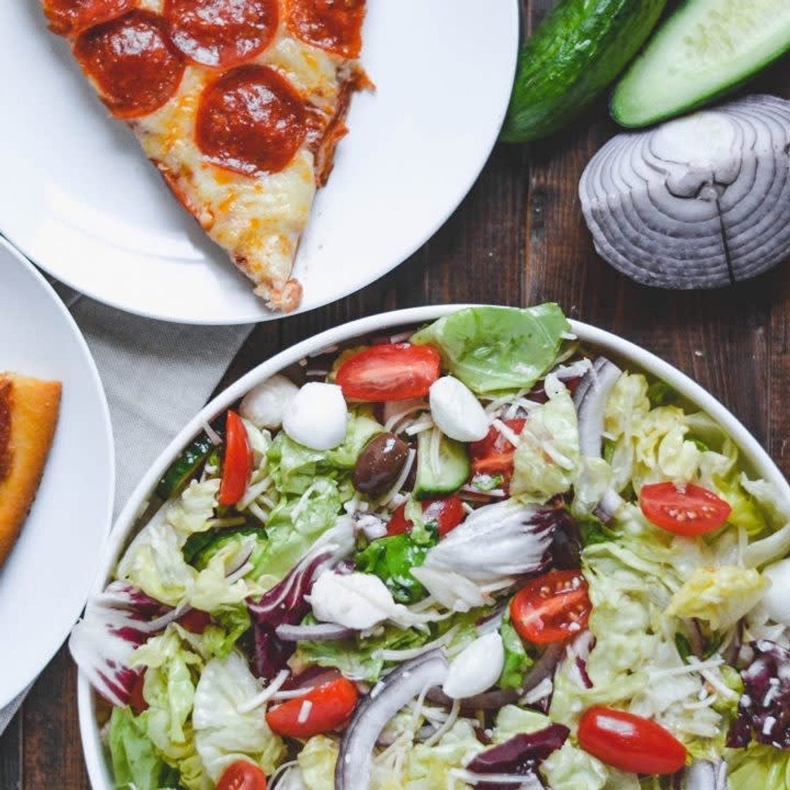 Pizza, Garden Salad, Carrots & Fruit