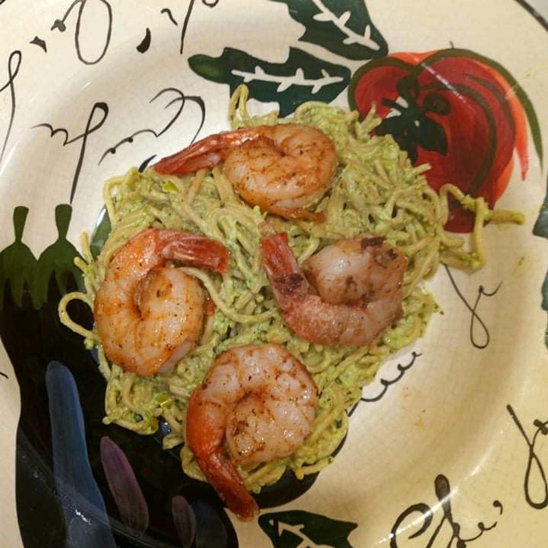 Green Spaghetti and Grilled Shrimp
