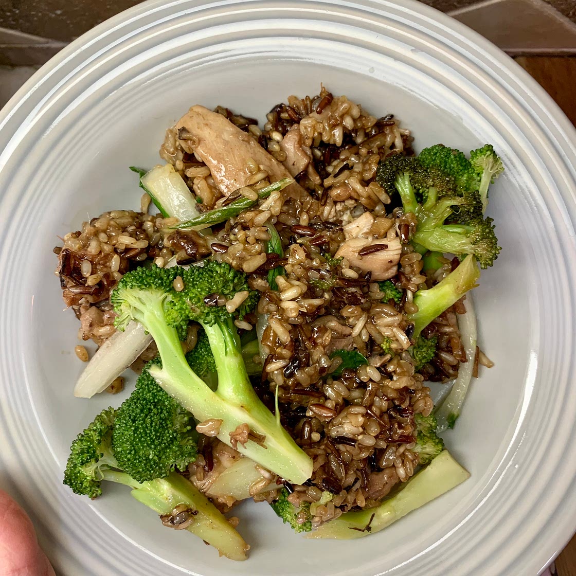 Wild Rice with Chicken, Broccoli, Bok Choy, and Garlic-Chile Crunch