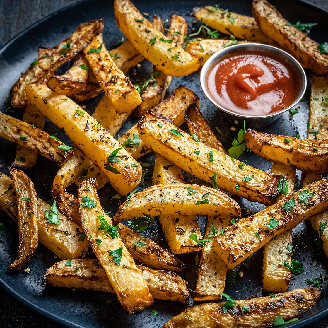 Herbed Rutabaga Oven Fries with Spicy Garlic Ketchup from Cooking Whole30