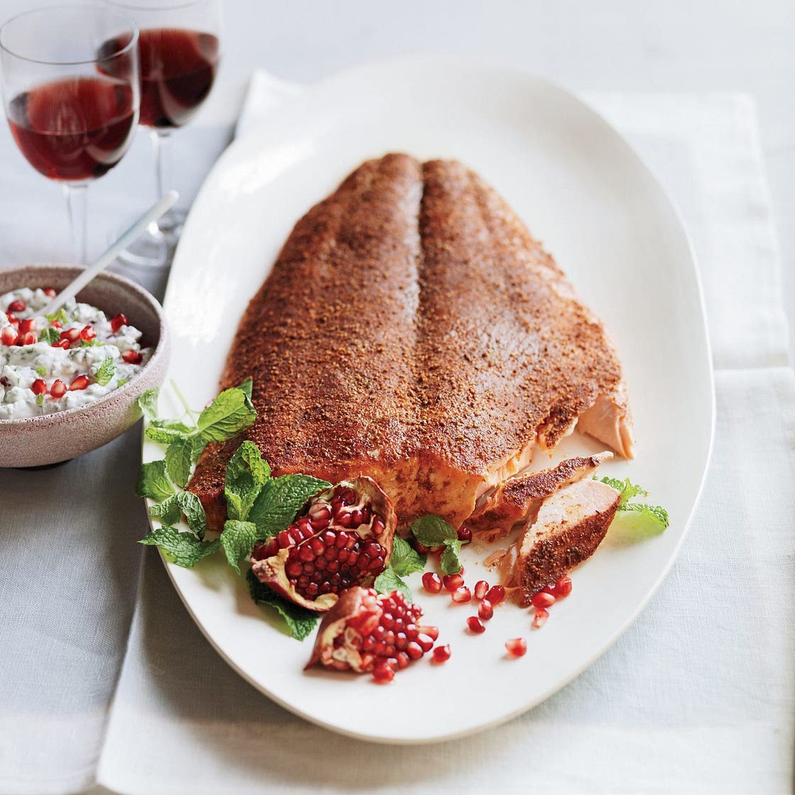 Spice-Rubbed Salmon with Herb-and-Pomegranate Raita