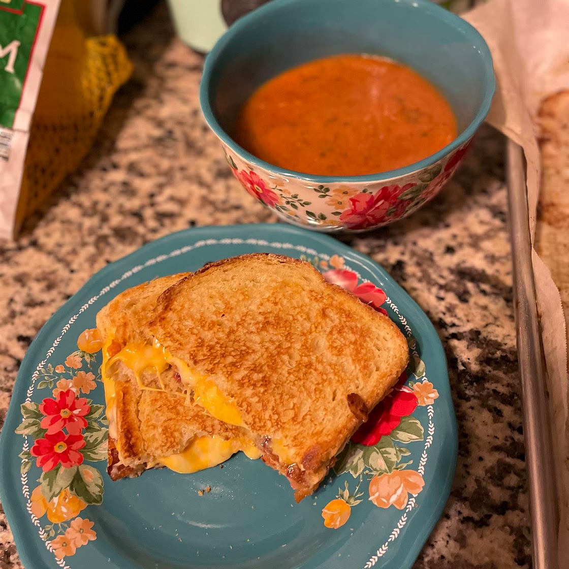 Roasted Garlic and Tomato Basil Soup with Three Cheese Bacon Gr