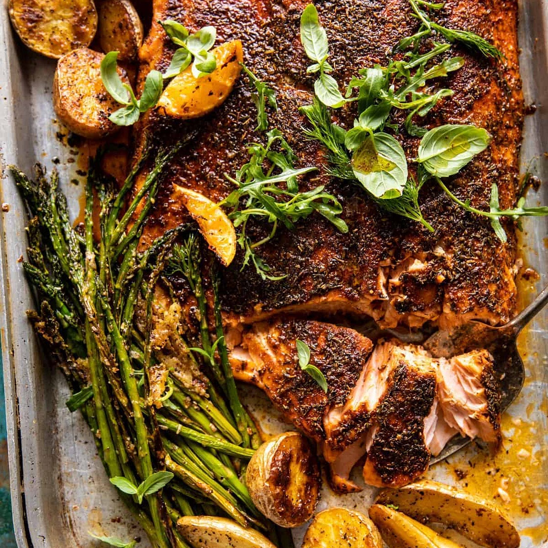 Sheet Pan Lemon Brown Butter Salmon and Potatoes with Parmesan Asparagus