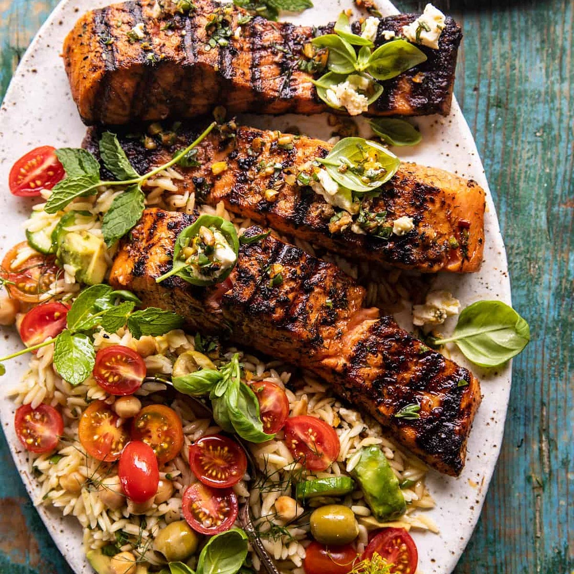 Greek Salmon with Lemon Feta and Orzo Summer Salad