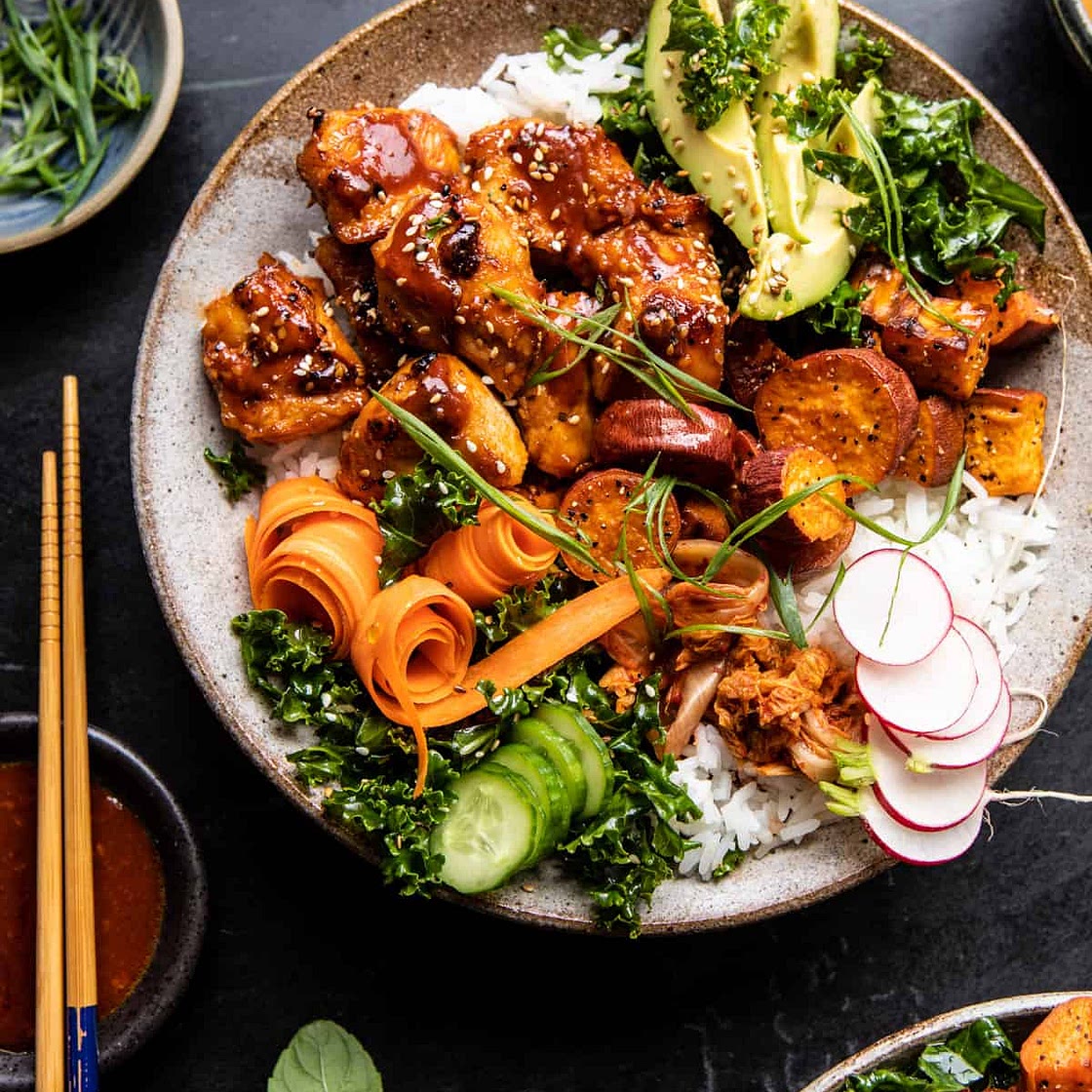 Sheet Pan Korean Chicken Bowl with Sweet Potatoes and Yum Yum Sauce