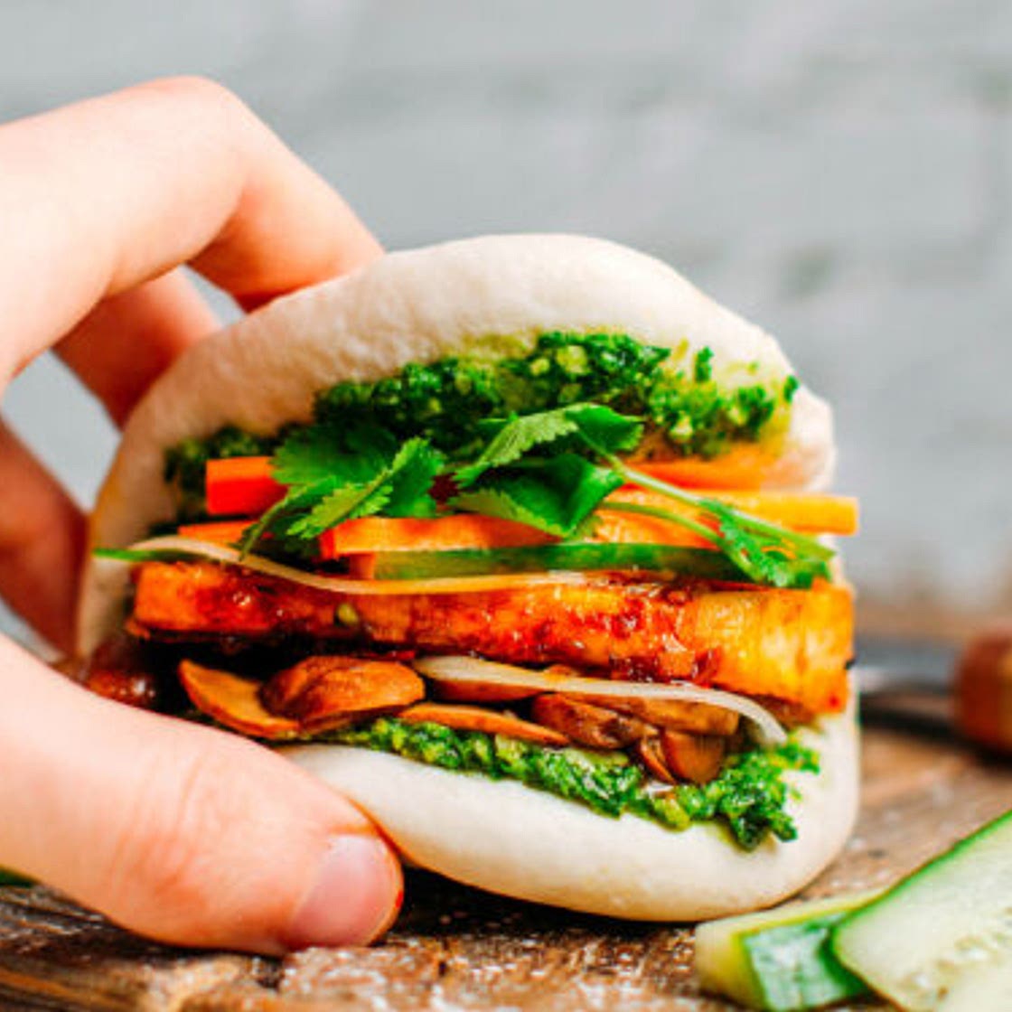 Sate Tofu Bao with Kale Pesto