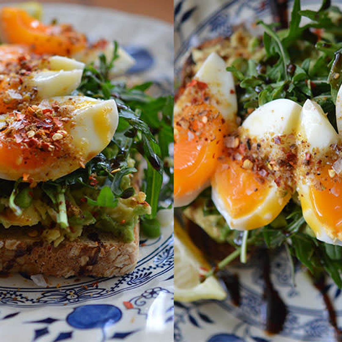 Lemony avocado, rocket and eggs on toast