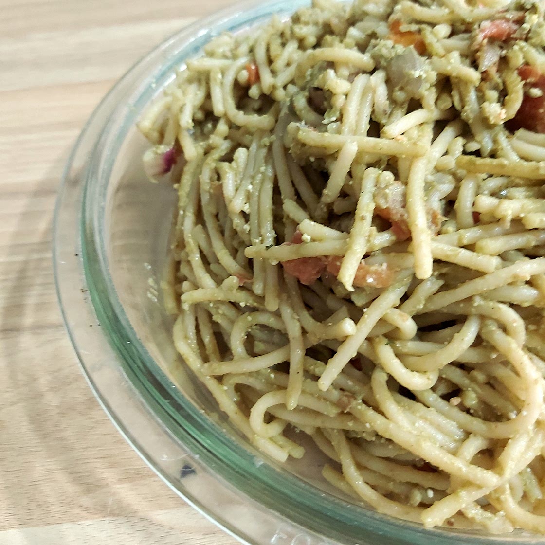 Crunchy Pesto Spaghetti with Feta & Tomatoes