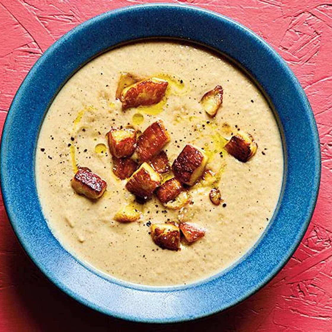 Roasted cauliflower soup with halloumi croutons recipe