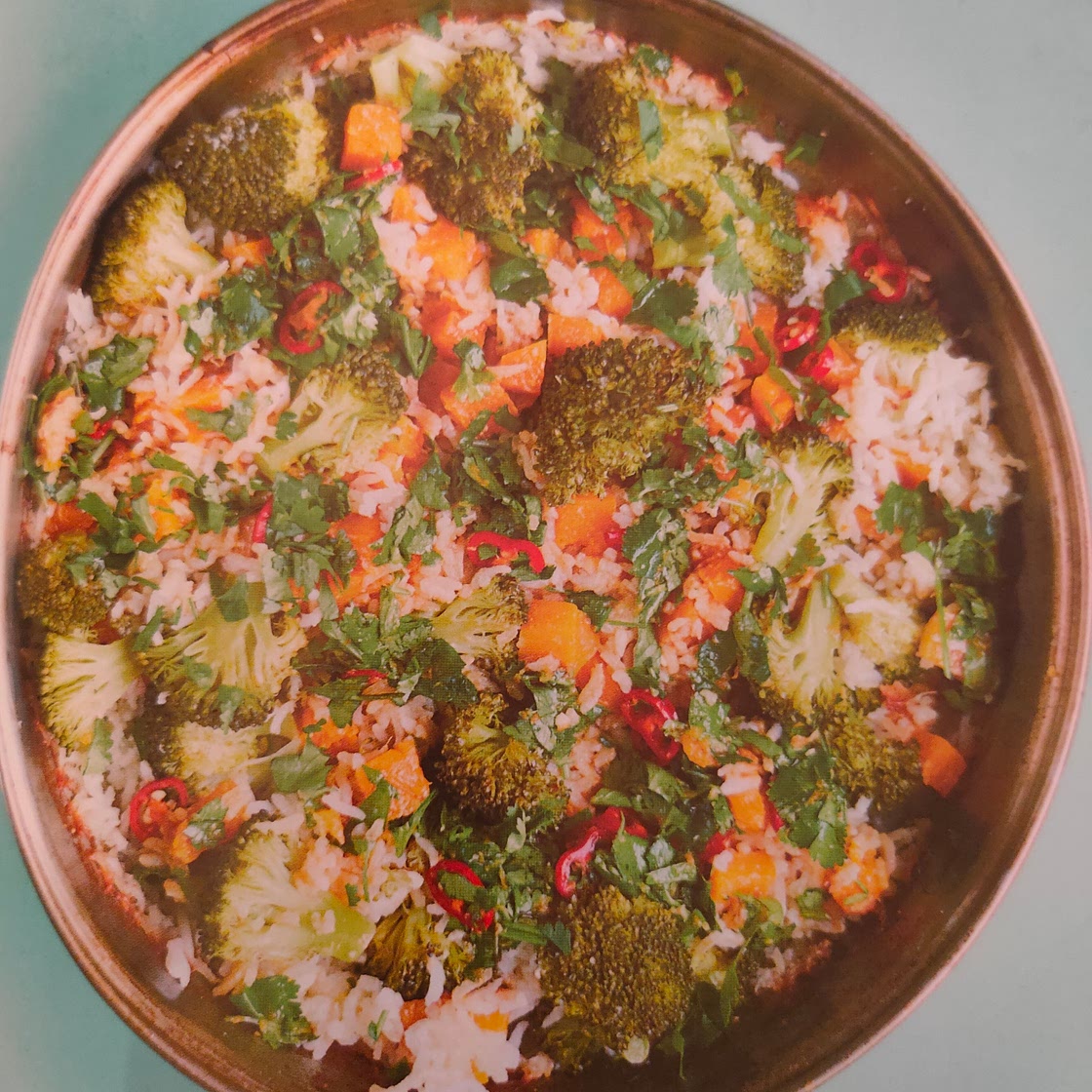 All in one sticky rice with broccoli, squash, chilli and ginger