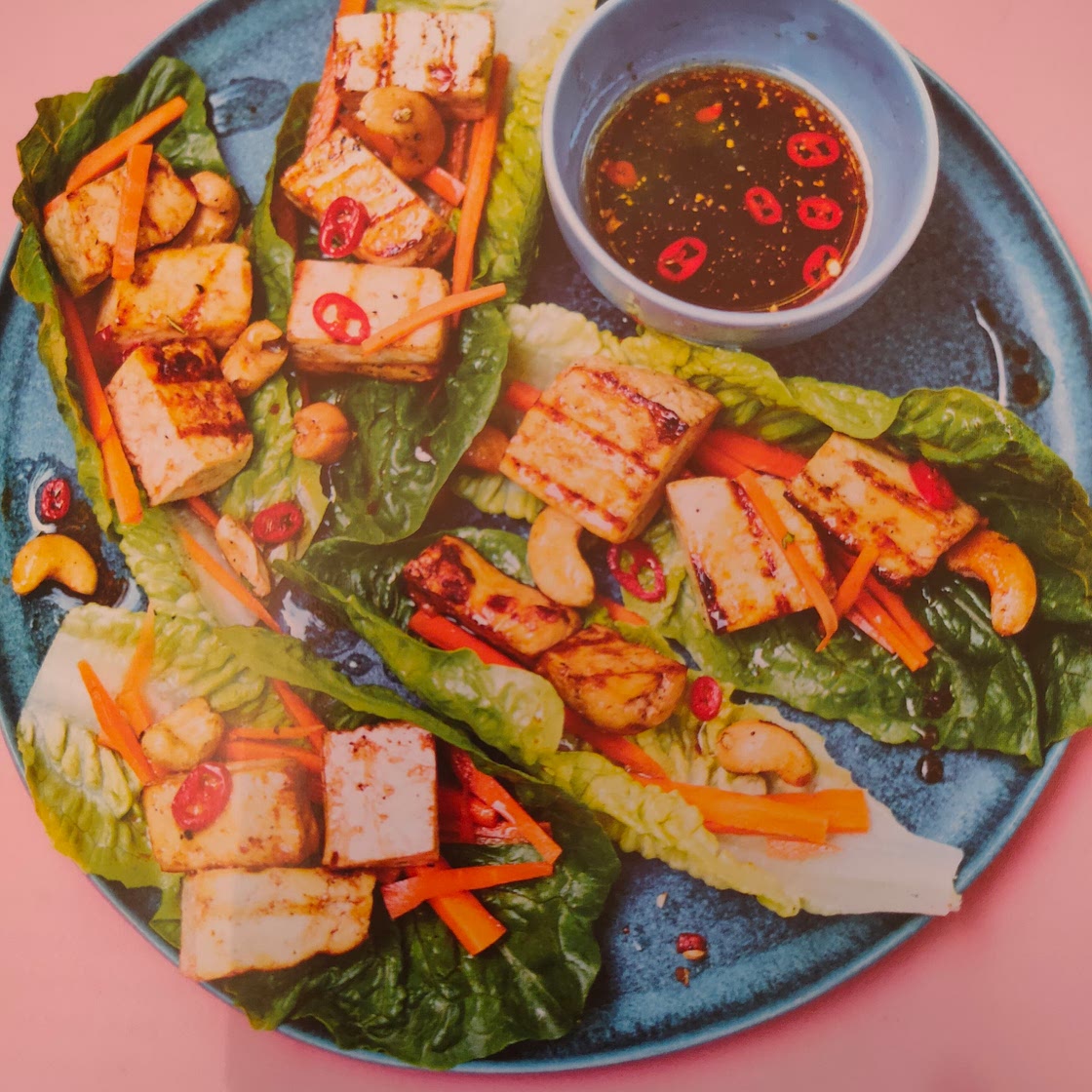 Crispy Barbecue Tofu Lettice Wraps with Cashews, Carrots & Nuoc Cham