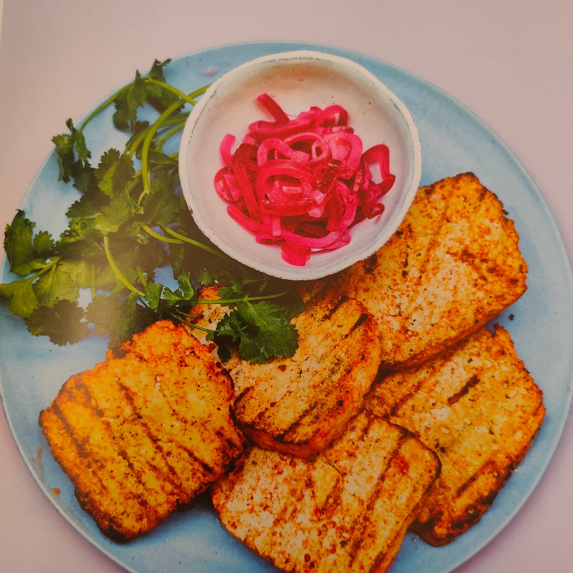 Sriracha Griddled Tofu with Pickled Onions, Lime and Corriander