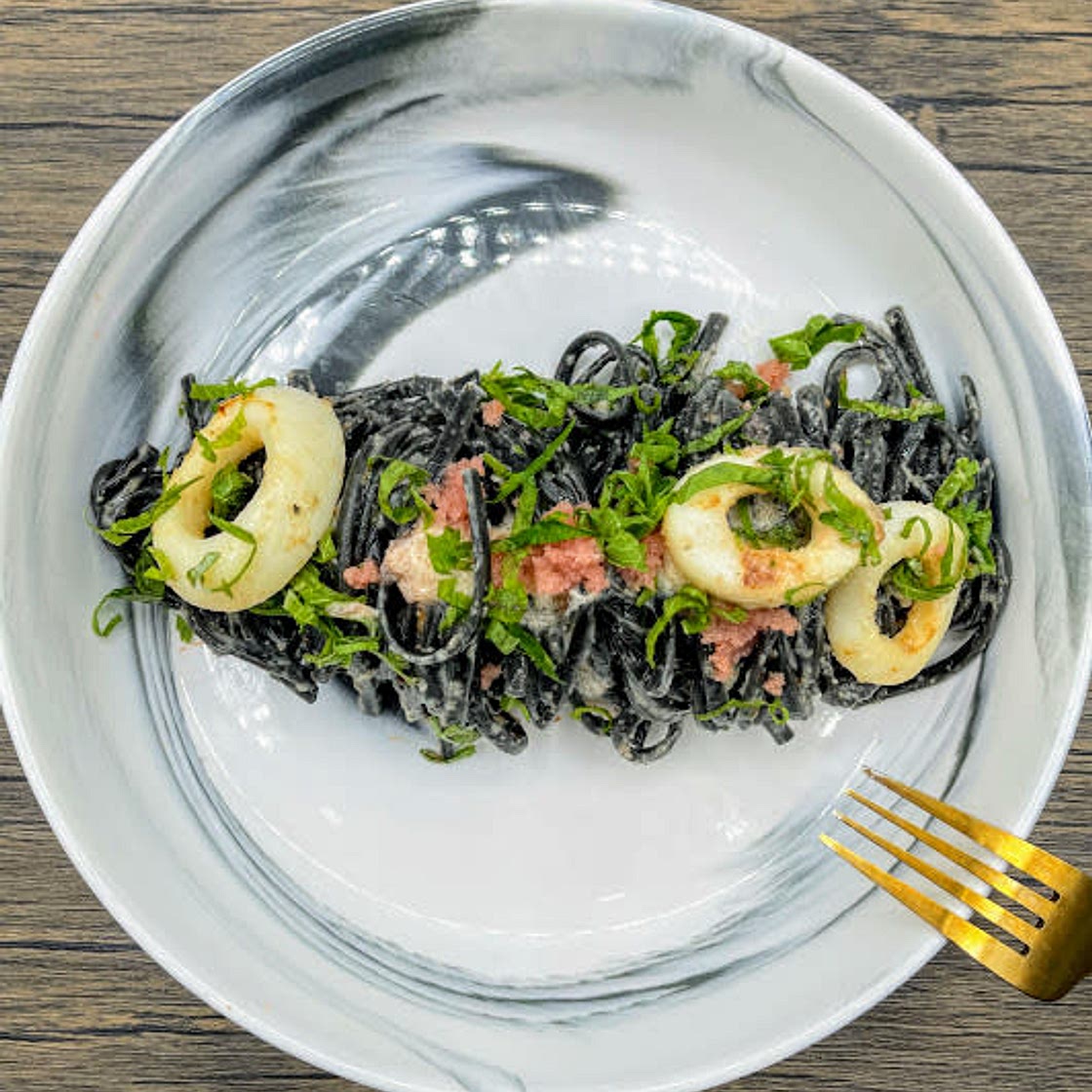 Squid Ink Pasta with Squid and Mentaiko